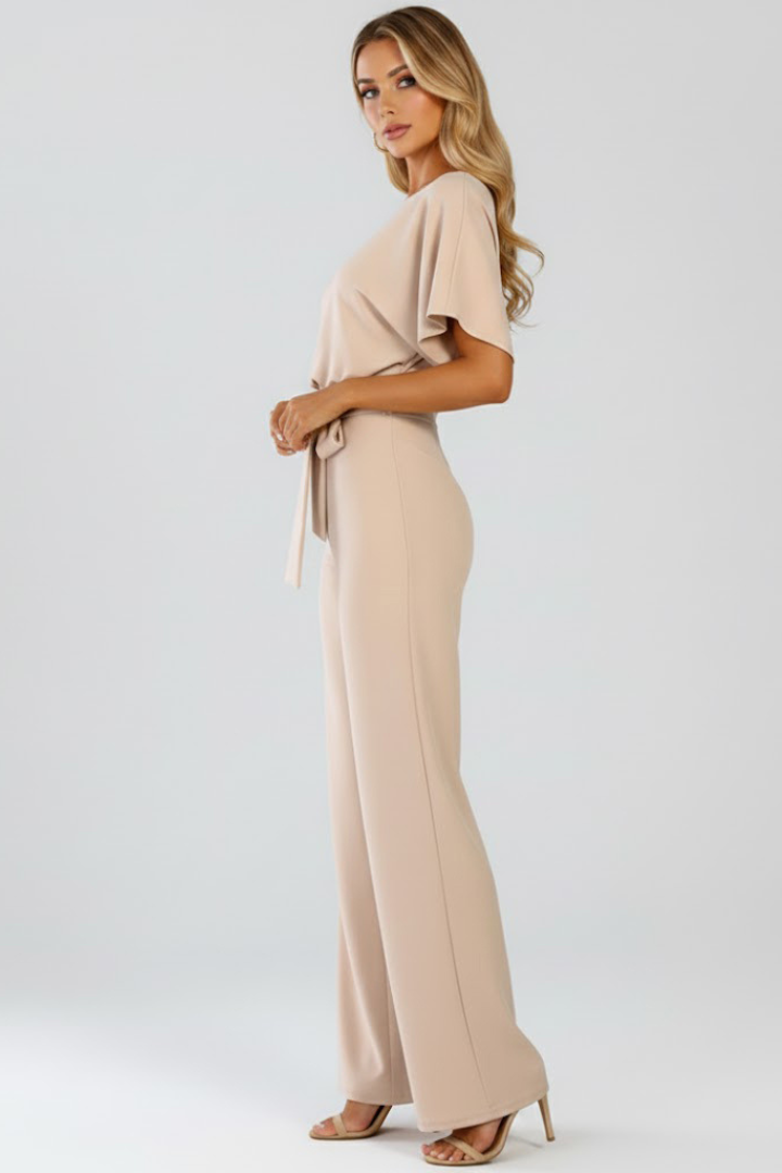 Stylish women's one-piece wide-leg jumpsuit, short sleeve design, complete with a trendy belted detail.