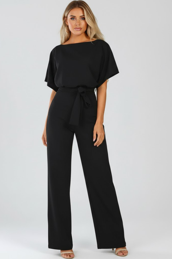Chic women's wide-leg belted jumpsuit, short sleeves, perfect for a relaxed yet fashionable spring or summer outfit.