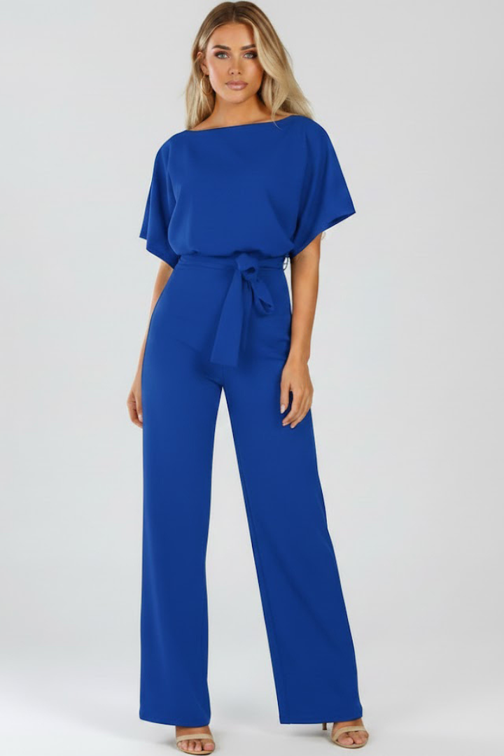Women's wide-leg jumpsuit in a versatile design, short sleeves, and a flattering belt, great for day to night.