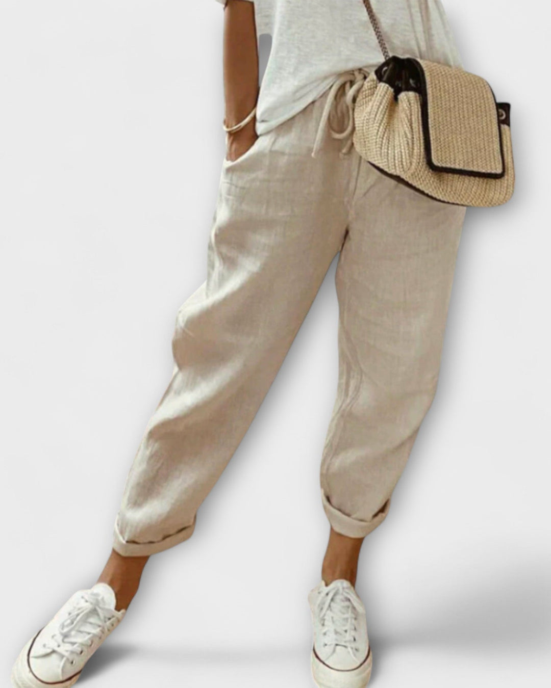 Women's wide-leg linen blend trousers, perfect for comfortable & breathable summer casual wear.