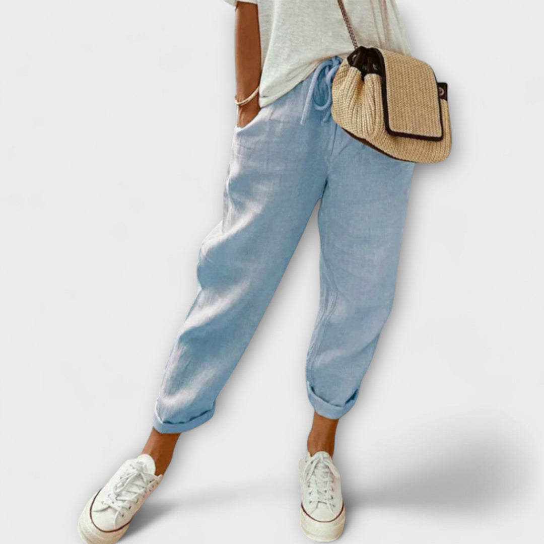 Women's effortless everyday linen blend trousers with a wide leg, designed for ultimate comfort & casual style.