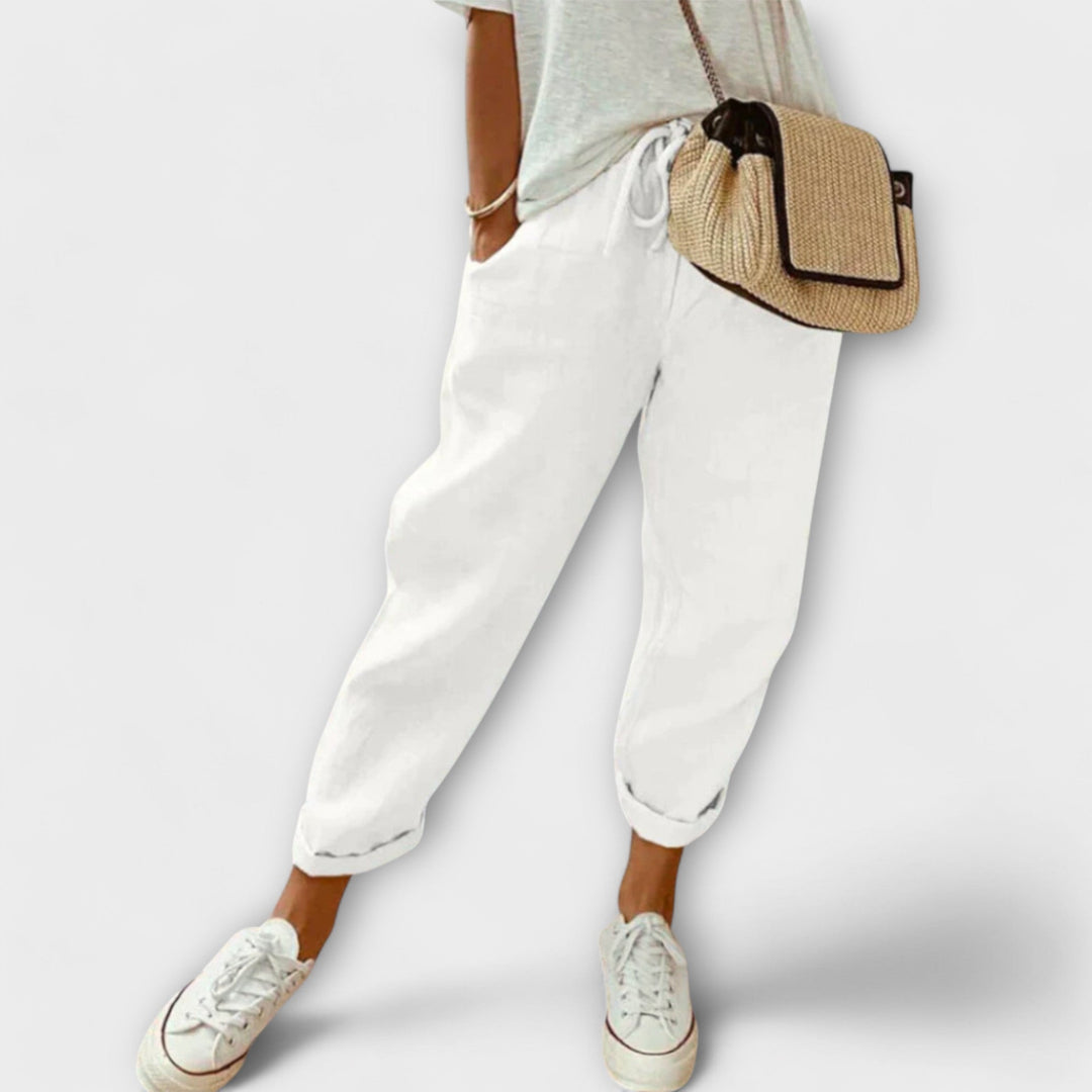 Comfortable women's linen blend summer pants, versatile for everyday fashion, travel & holiday outfits.