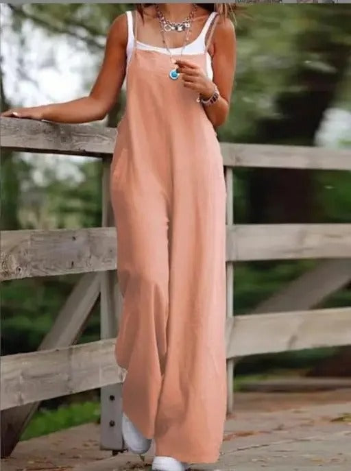 Casual women's wide leg sleeveless jumpsuit dungaree, offering a comfortable relaxed fit for everyday wear.