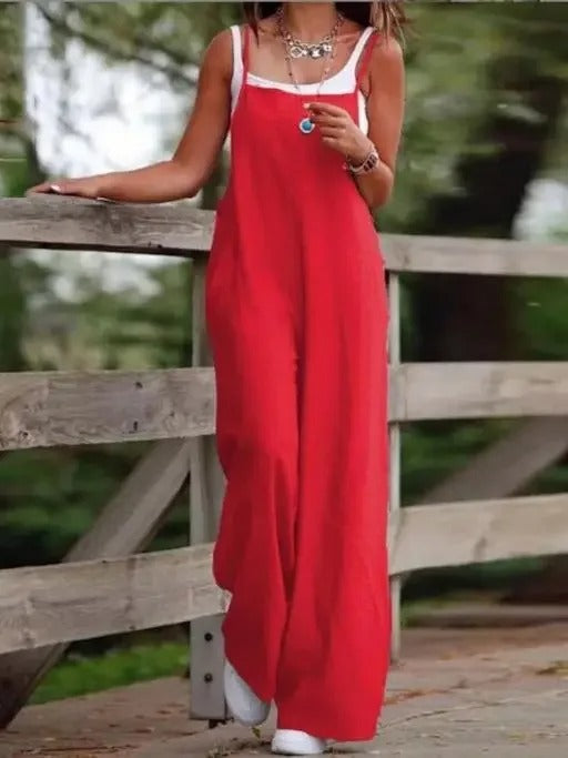 Women's relaxed fit wide leg sleeveless dungaree jumpsuit, a versatile piece for effortless casual wear.