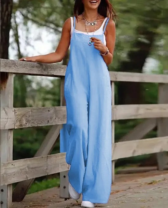Effortless women's wide leg sleeveless dungaree jumpsuit. Casual relaxed fit, a must-have for summer fashion.