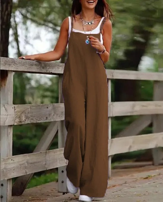 Chic women's wide leg sleeveless jumpsuit dungaree. Relaxed fit design for ultimate comfort & casual style.