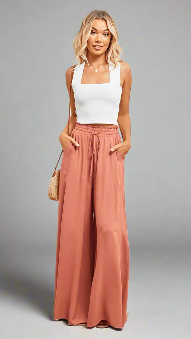 Stylish women's wide-leg trousers with comfortable elastic waistband.