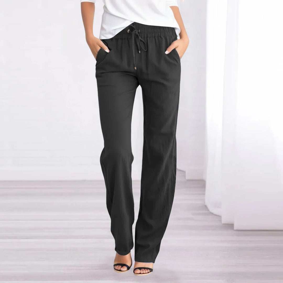 Women's wide-leg trousers, relaxed fit with elastic waist for comfortable summer casual wear.