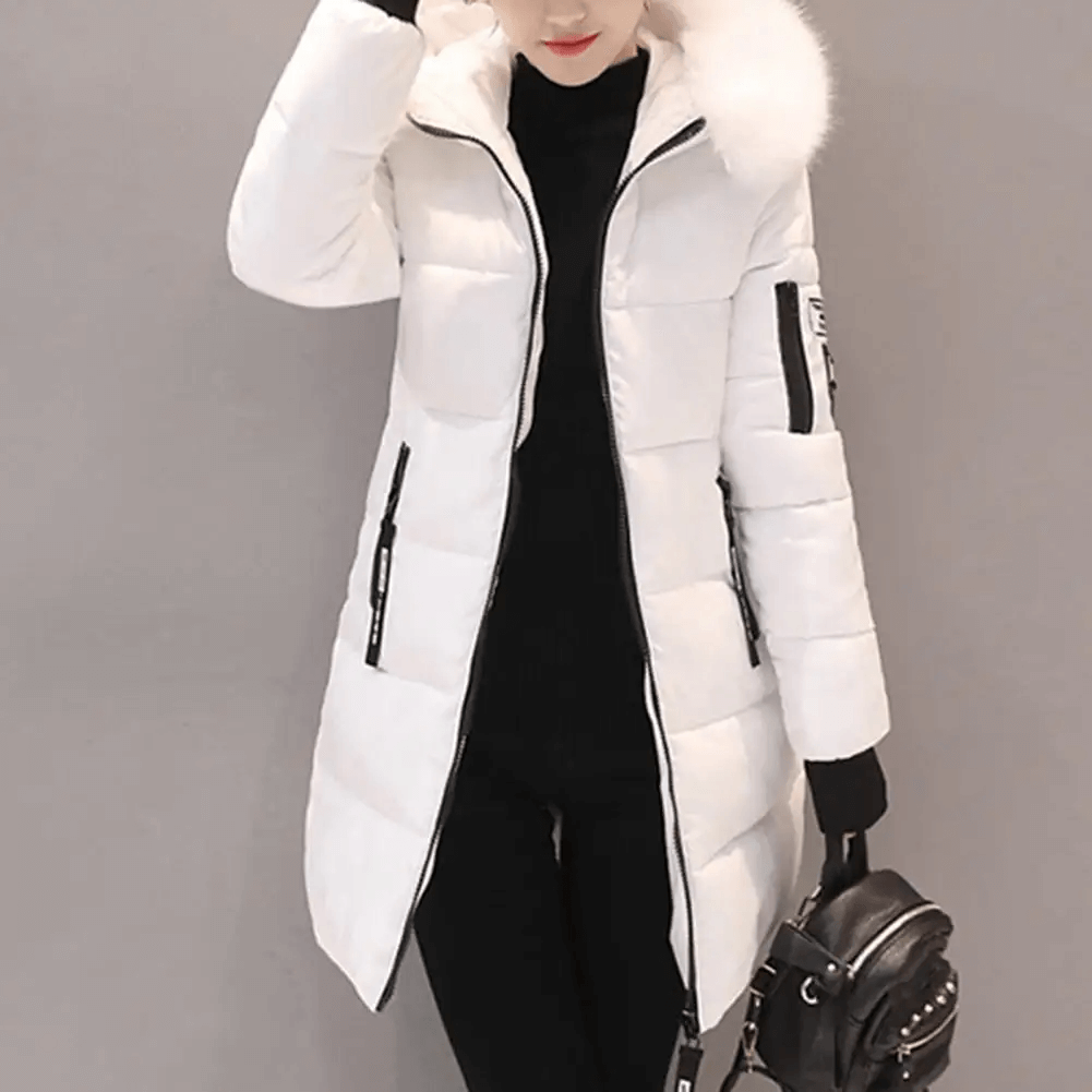 Women's windproof mid-length puffer coat, stylish & warm winter outerwear.
