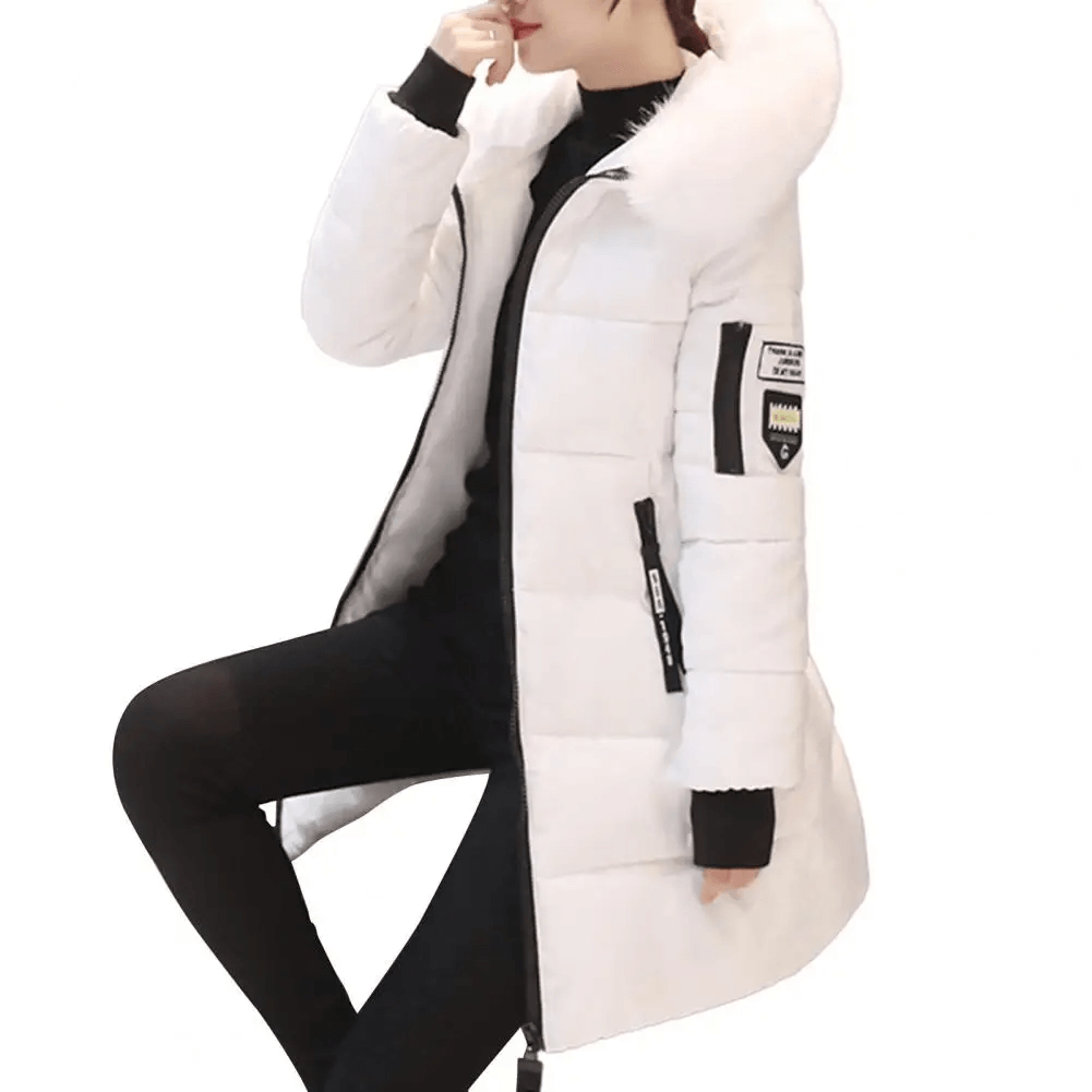 Pink hooded puffer jacket for women, windproof mid-length design for warmth.