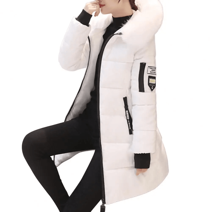 Pink hooded puffer jacket for women, windproof mid-length design for warmth.
