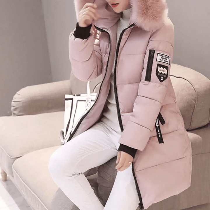 White women's warm puffer coat, mid-length and windproof for cold weather.