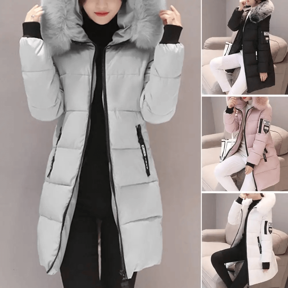 Pink casual hooded puffer coat for women, stylish mid-length winter jacket.