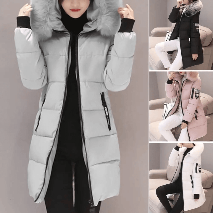 Pink casual hooded puffer coat for women, stylish mid-length winter jacket.
