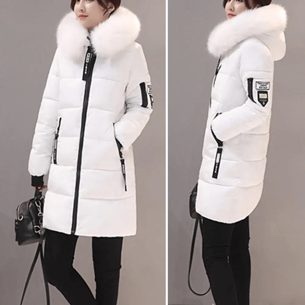 Grey women's mid-length puffer coat, windproof and warm for daily wear.
