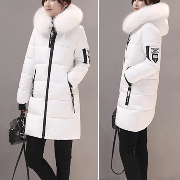 Grey women's mid-length puffer coat, windproof and warm for daily wear.