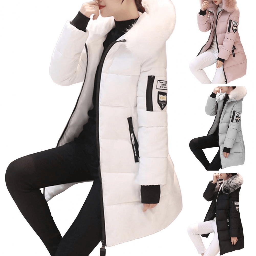 Women's mid-length winter puffer coat, front view, warm and casual style.