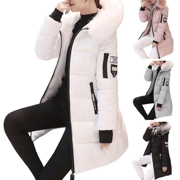 Women's mid-length winter puffer coat, front view, warm and casual style.
