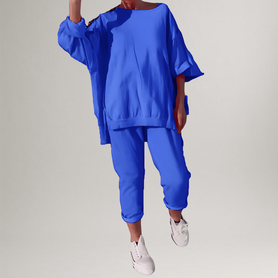 Comfortable women's Winona oversized blouse and trouser set, ideal for relaxing lounge wear or casual outings.