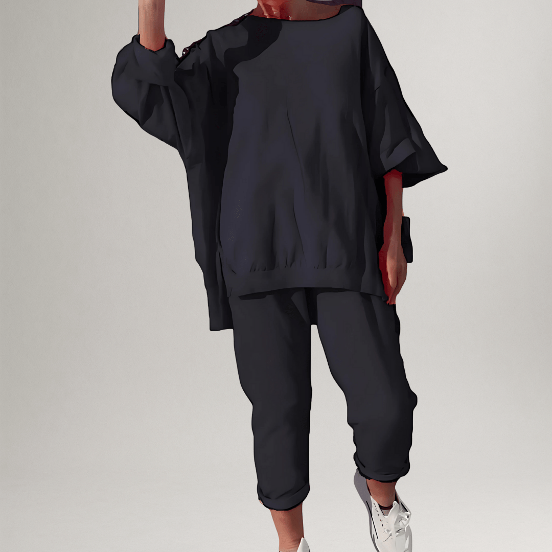 Model wearing the Winona women's oversized blouse & trouser lounge set, showcasing its relaxed fit and stylish look.
