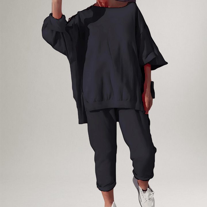 Model wearing the Winona women's oversized blouse & trouser lounge set, showcasing its relaxed fit and stylish look.