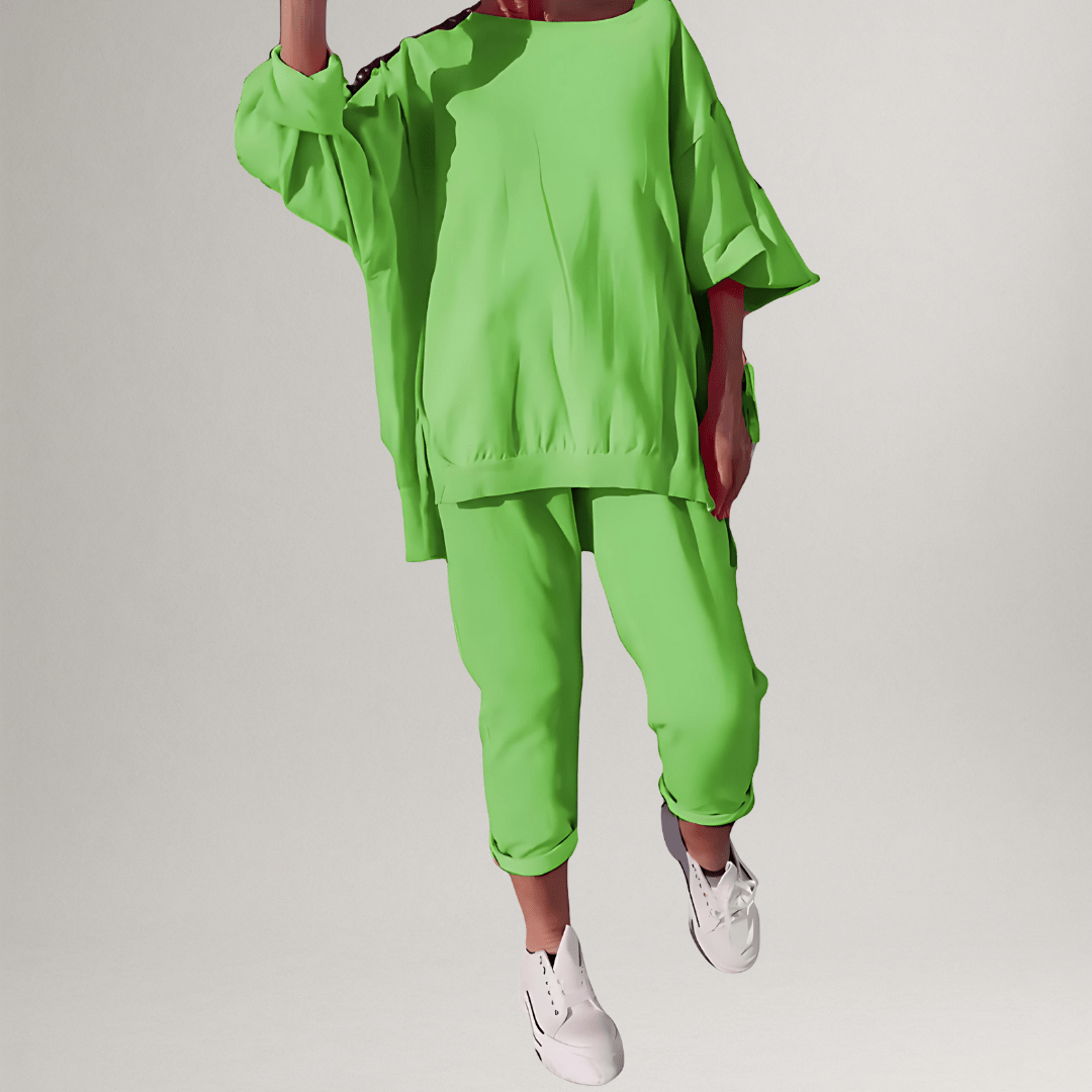 Effortlessly stylish women's Winona two-piece oversized lounge set; perfect comfortable blouse & trouser casual wear.