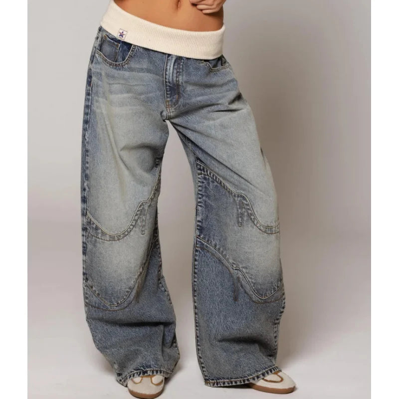 Women's Y2K baggy wide leg jeans with comfortable ribbed waistband, perfect for retro streetwear style.