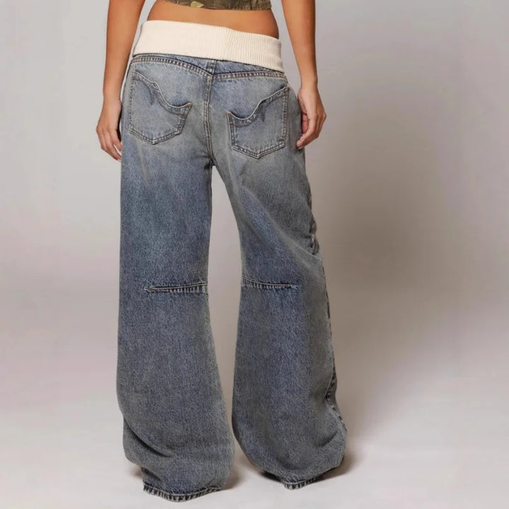 Trendy women's baggy wide leg Y2K jeans, featuring a comfortable and stylish ribbed waistband.