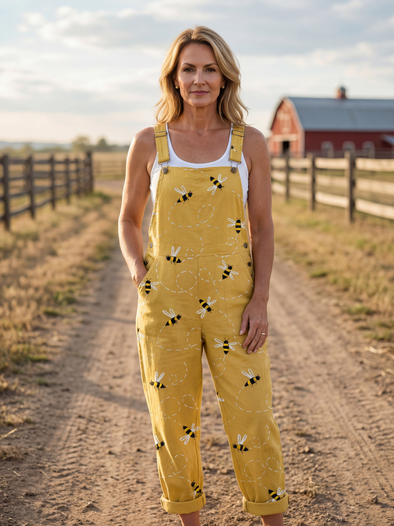 Women's yellow honeybee print jumpsuit. Relaxed fit, wide straps & straight leg for comfortable summer casual wear.