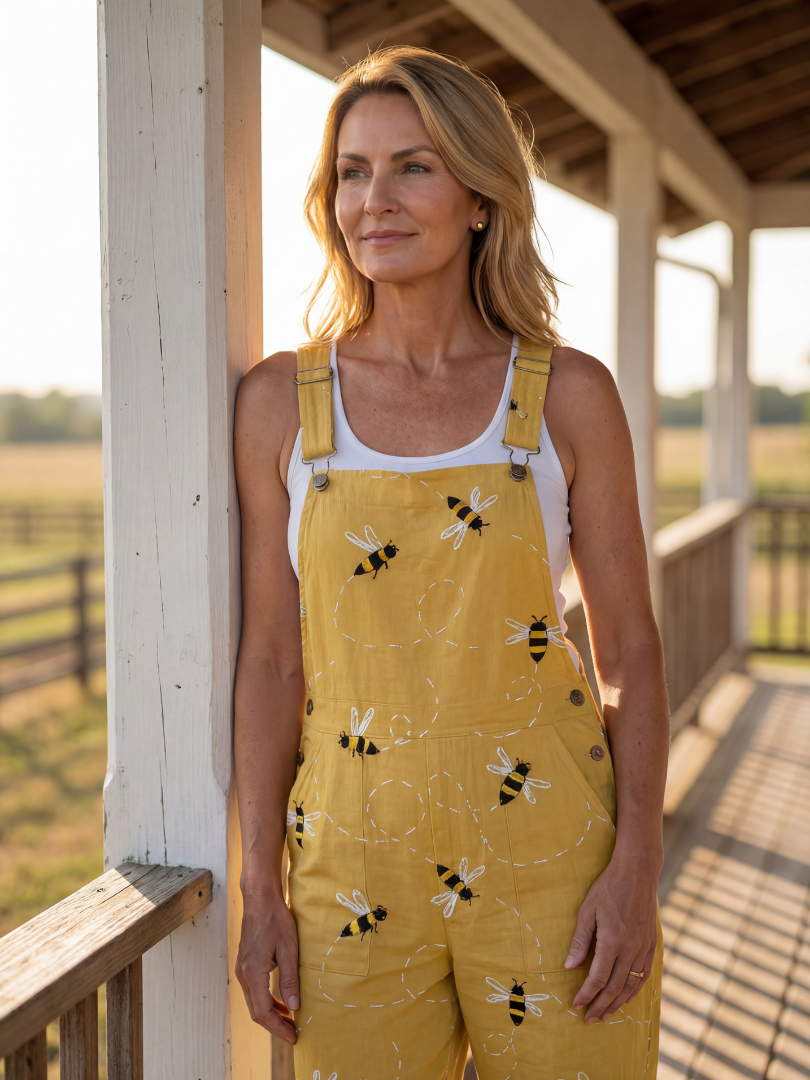 Effortless women's relaxed fit jumpsuit with whimsical honeybee print. Features wide straps and stylish straight leg.