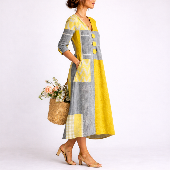 Elegant women's patchwork midi dress featuring unique button detail and a comfortable relaxed fit. Stylish casual yellow dress.
