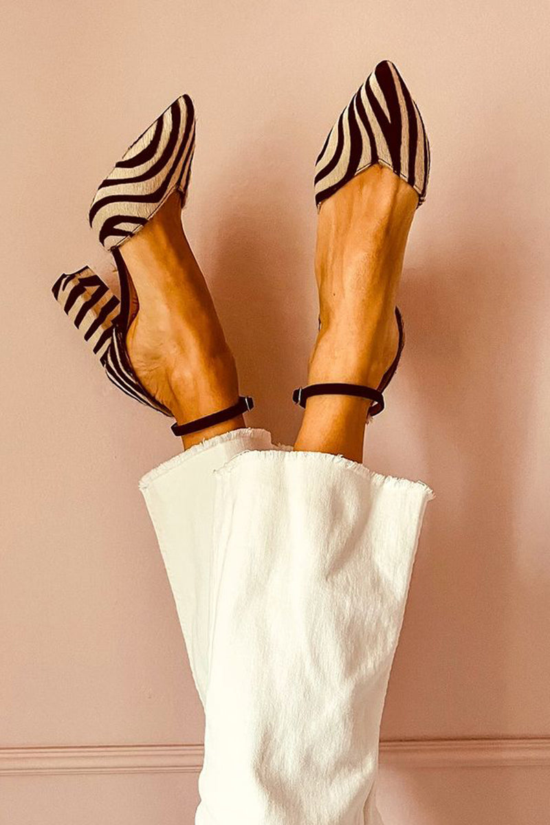 Women's zebra print medium block heel sandals with ankle strap for stylish comfort.
