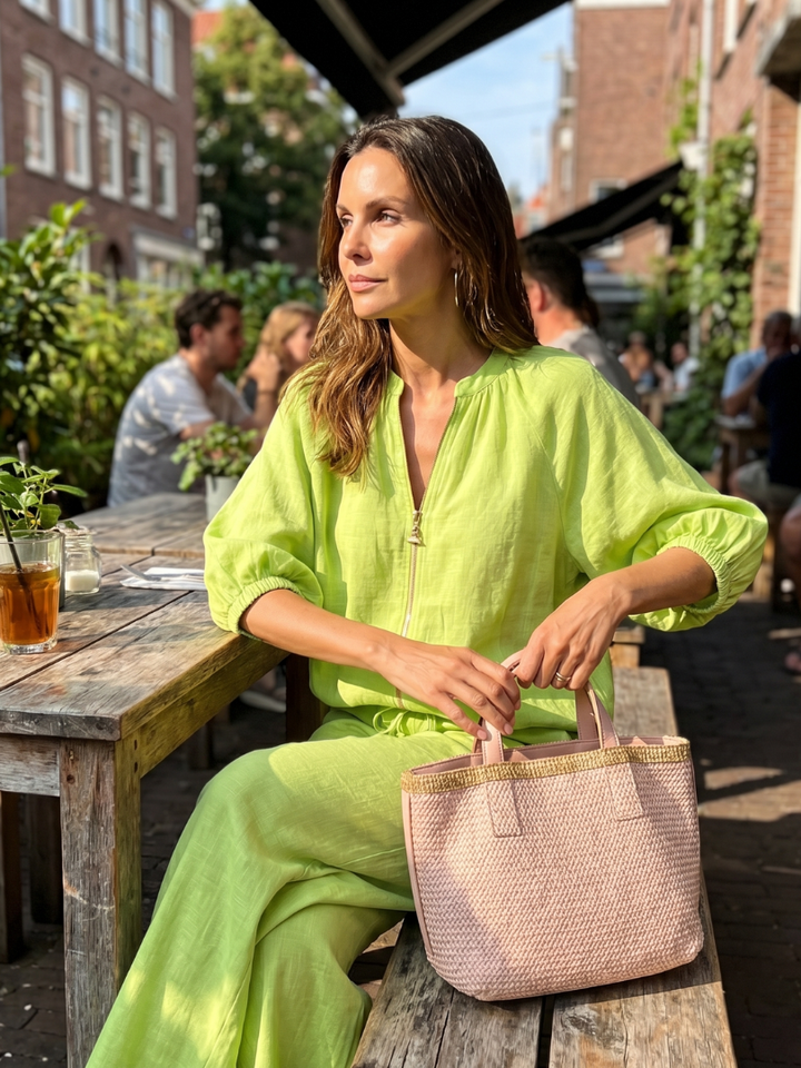 Women's casual matching set: Zip front blouson top and comfortable wide leg pants. Summer essential.