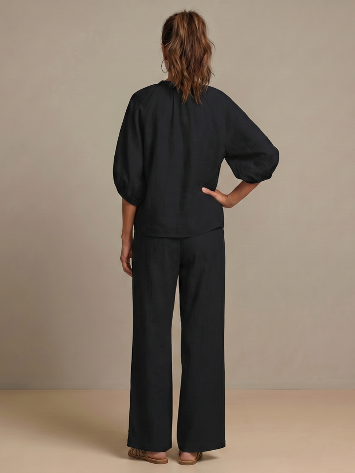 Women's fashion set: Zip blouson top & wide leg pants. Comfortable, modern, and casual.