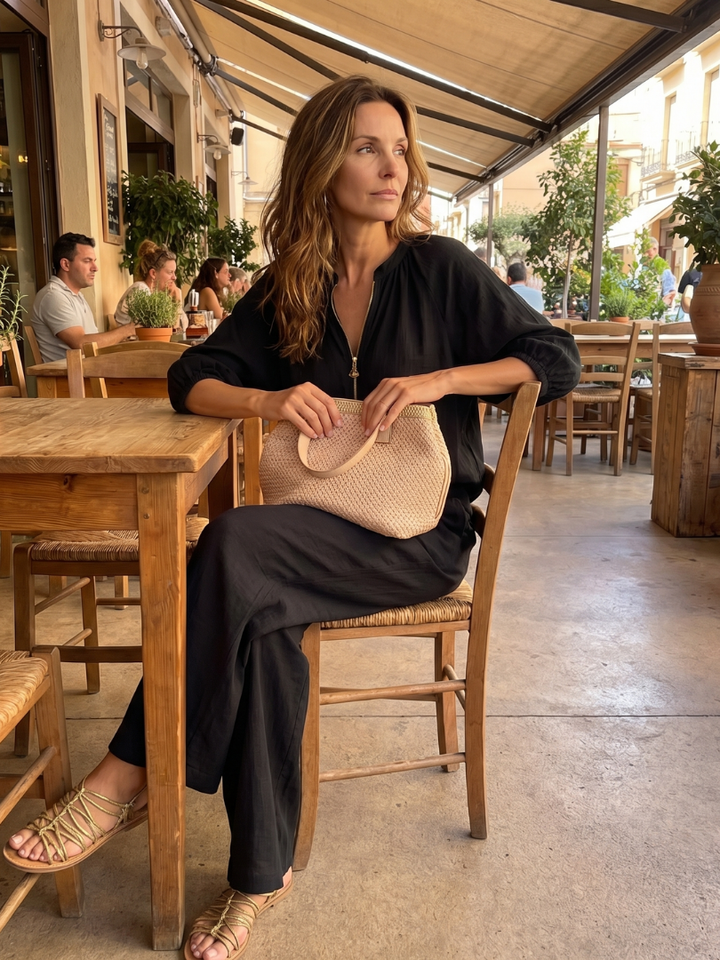 Women's versatile two-piece set: Zip front blouson top and wide leg pants for all occasions.