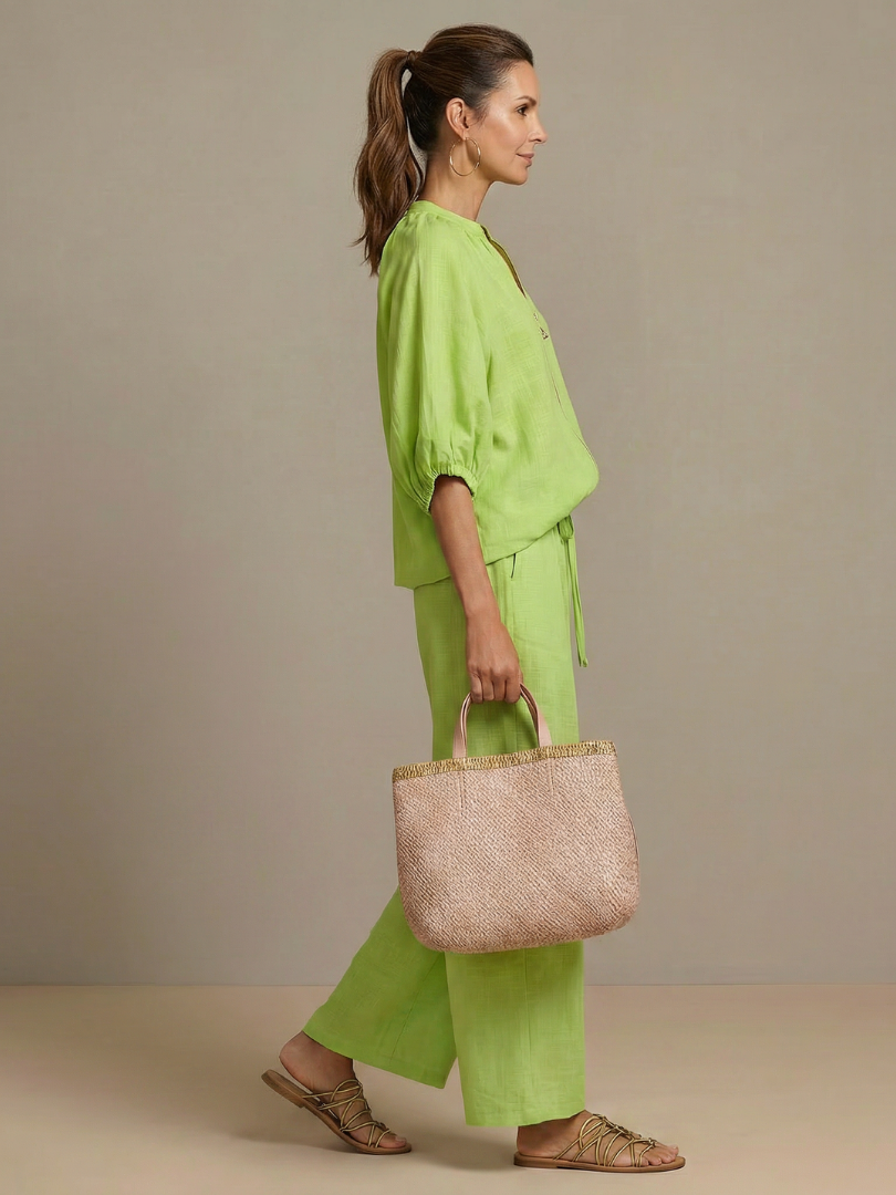Women's summer outfit: Zip front blouson top & wide leg pants set. Comfortable & stylish.