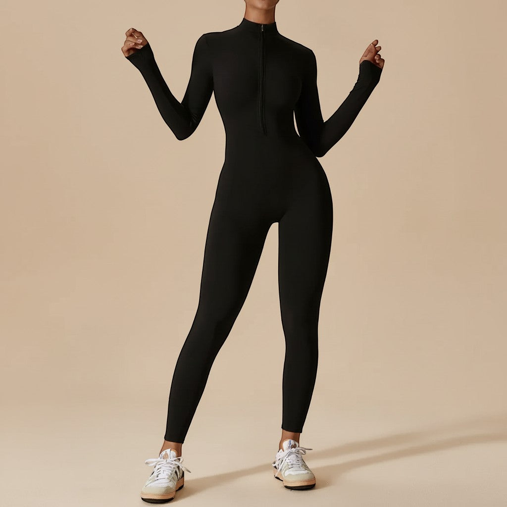 Women's zip front sculpting jumpsuit, long sleeve one-piece for modern, versatile style.