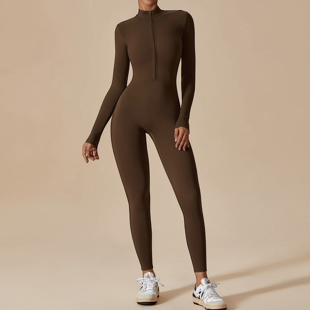 Full-body women's sculpting jumpsuit, long sleeve, zip front, for a sleek modern outfit.