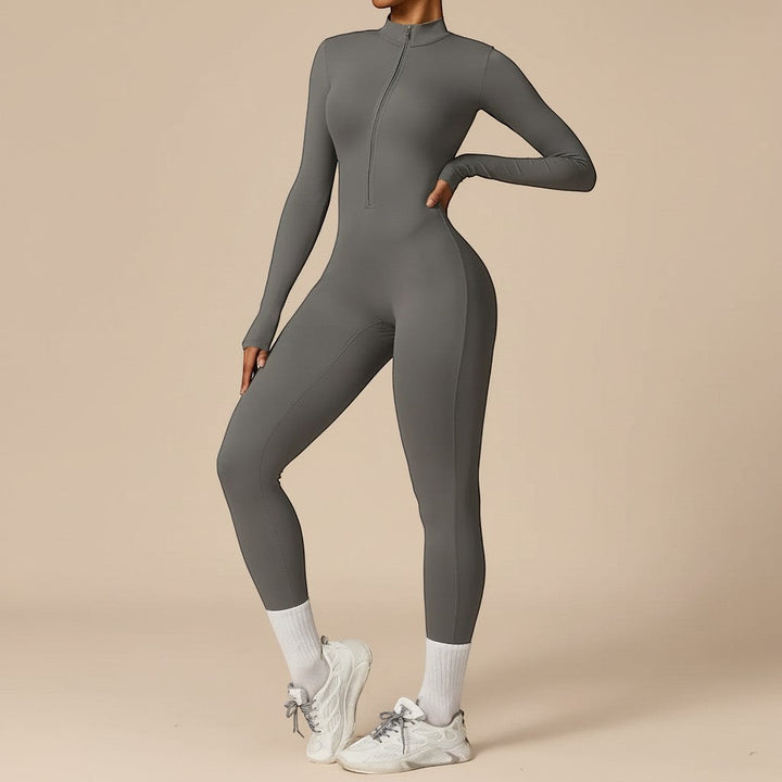 Chic women's one-piece sculpting jumpsuit with zip front, long sleeves, ideal for versatile style.