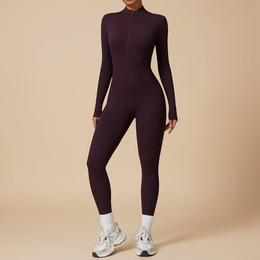 Fitted women's sculpting jumpsuit, zip front for casual wear, travel, or effortless style.