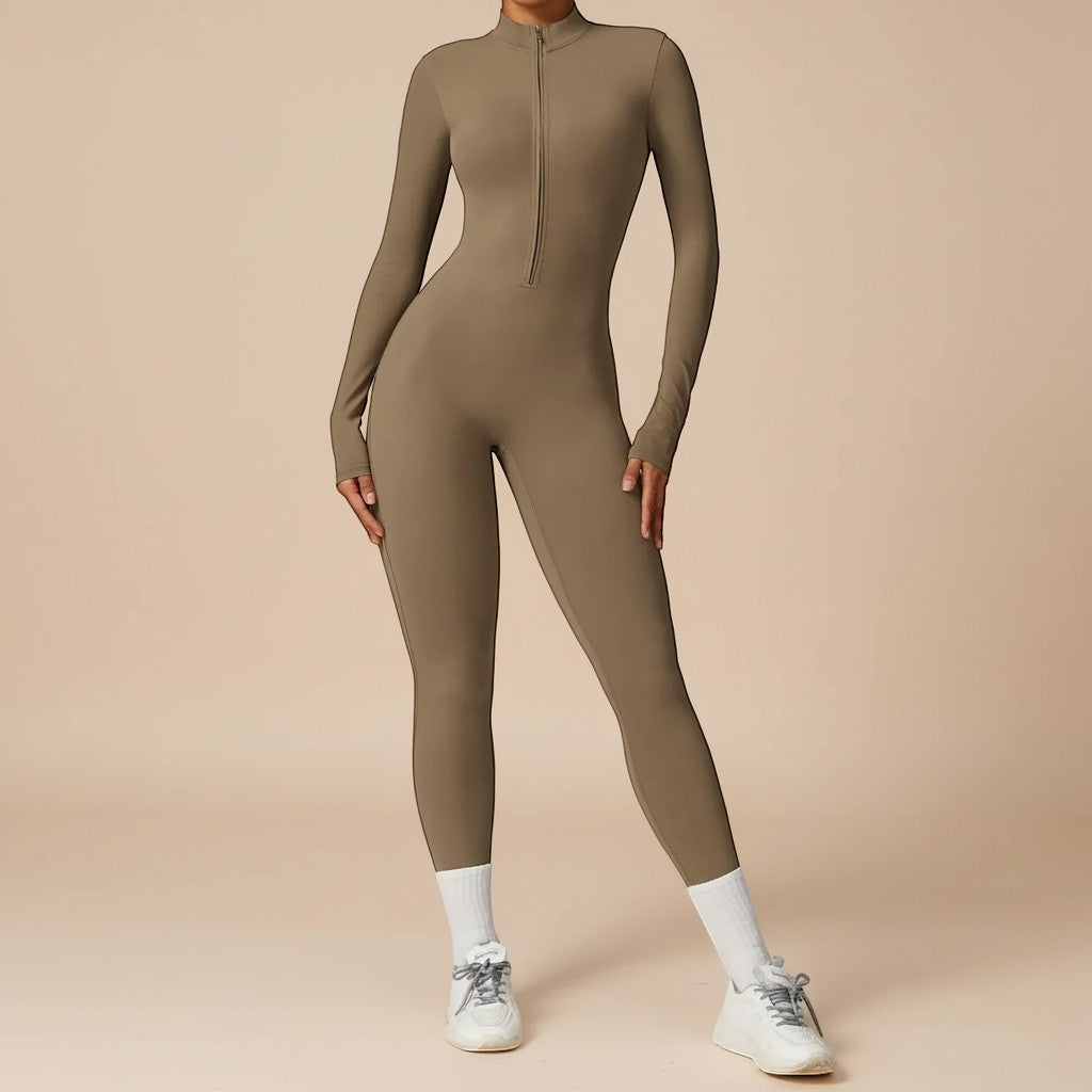 Elegant women's long sleeve jumpsuit with zip front, sculpting fit for modern, comfortable style.