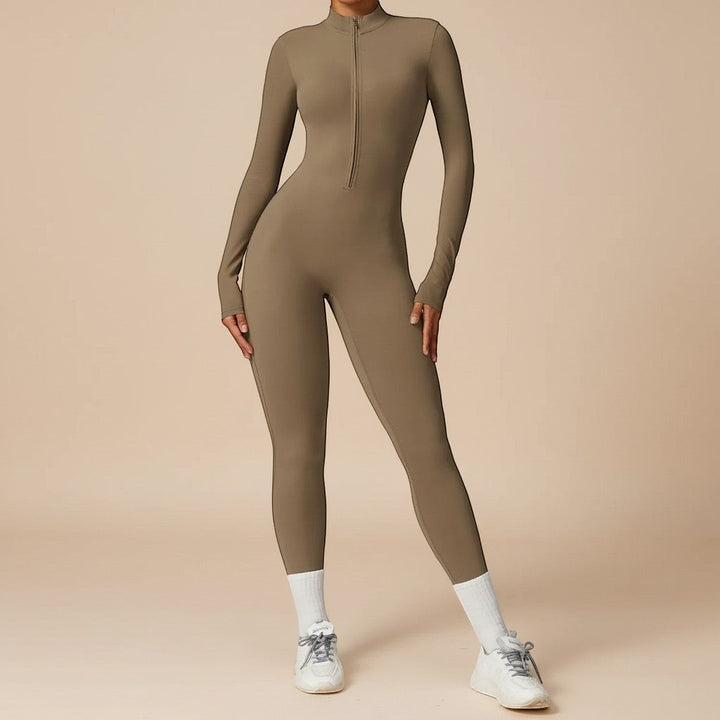 Elegant women's long sleeve jumpsuit with zip front, sculpting fit for modern, comfortable style.