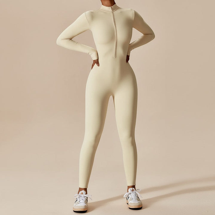 Sleek women's one-piece jumpsuit with a practical zip front and sculpting silhouette.