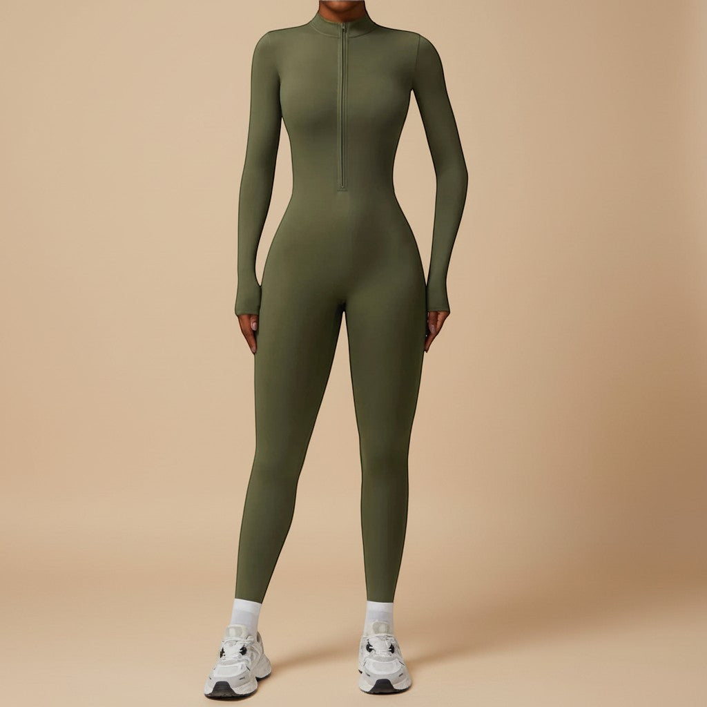 Versatile women's long sleeve jumpsuit, zip front, ideal for casual outings & travel.