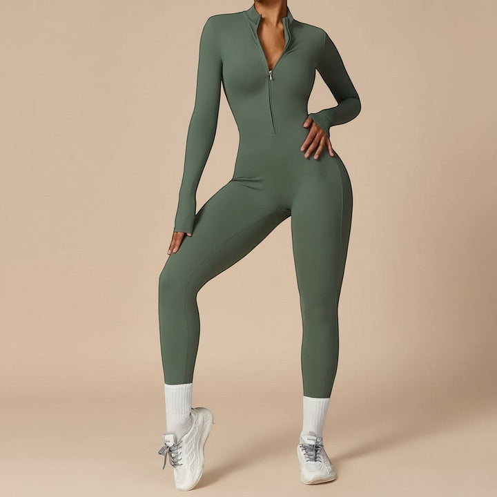Women's sculpting jumpsuit, long sleeve, zip front, perfect for a modern, fitted look.