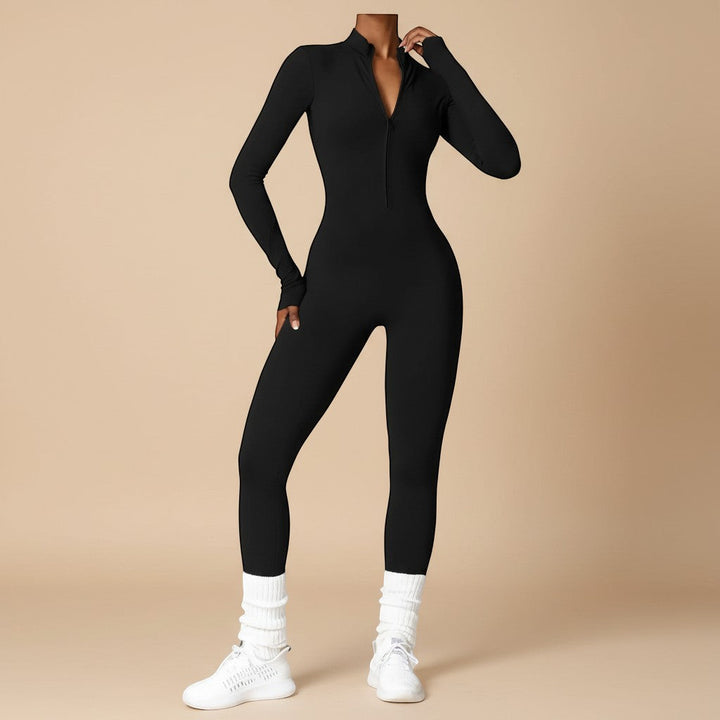 Comfortable women's long sleeve jumpsuit, zip front, offering a chic sculpting fit.