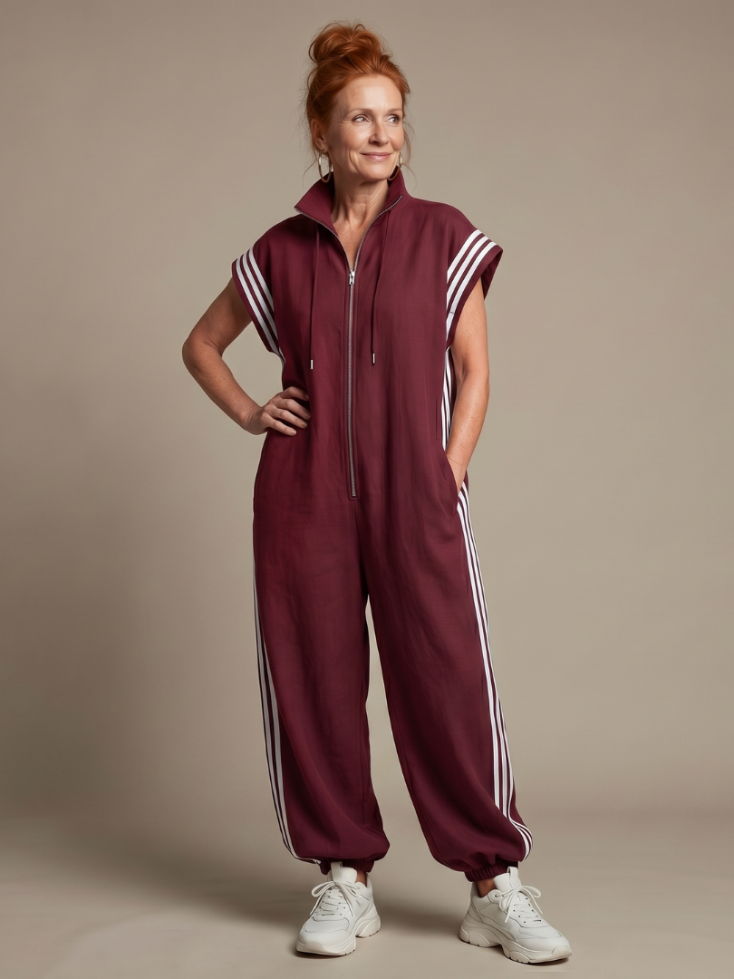 Women's zip front stripe panel jumpsuit with wide sleeves & relaxed fit, perfect for casual elegance.