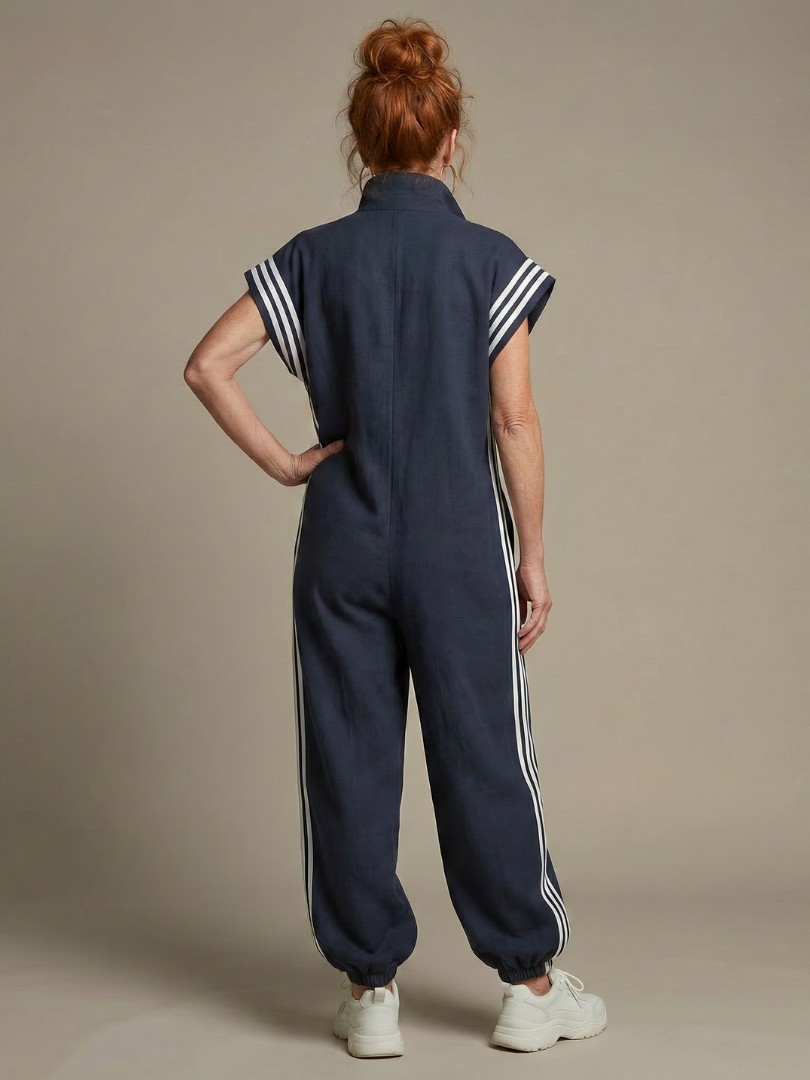 Full-length women's jumpsuit with a practical zip front, trendy stripe panels & comfortable wide sleeves.