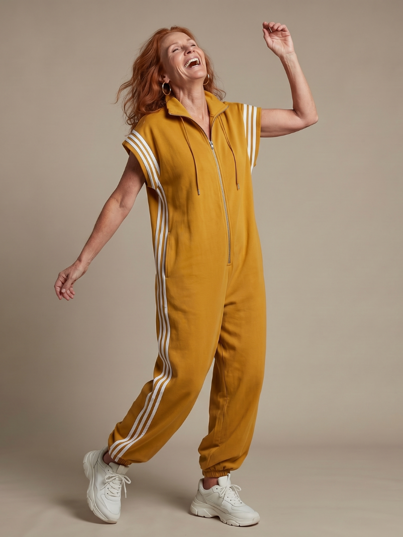 Chic women's casual jumpsuit, a one-piece wonder with a zip front & stylish stripe design.