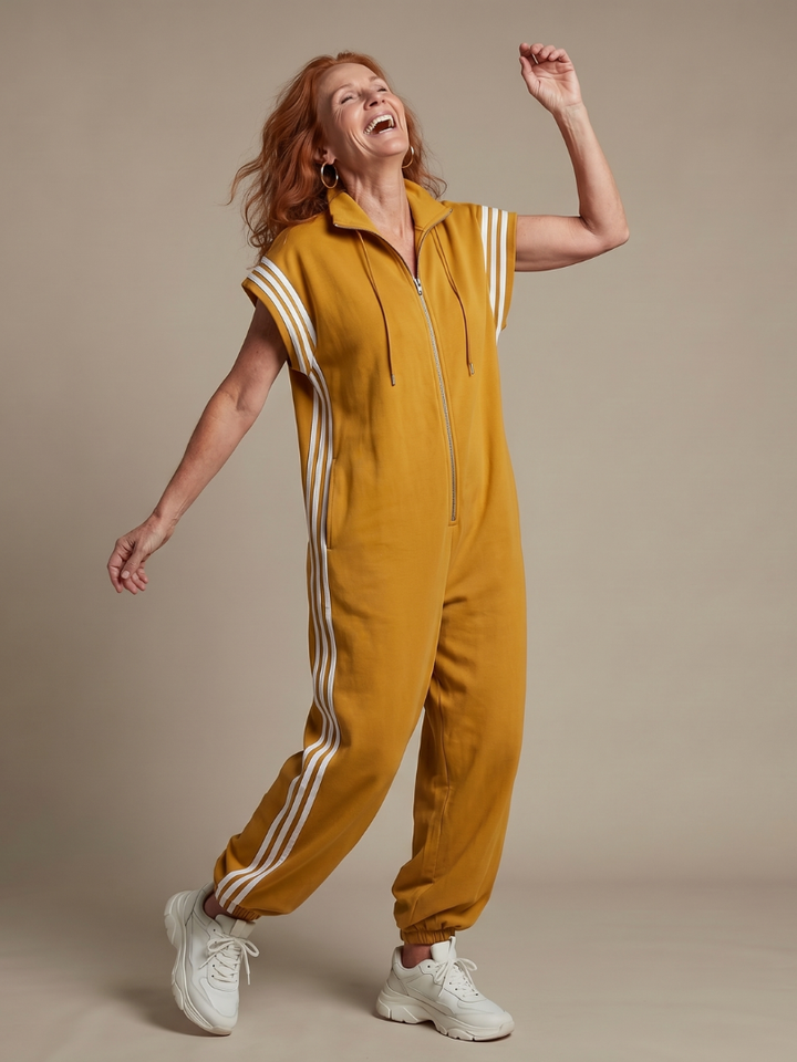 Chic women's casual jumpsuit, a one-piece wonder with a zip front & stylish stripe design.